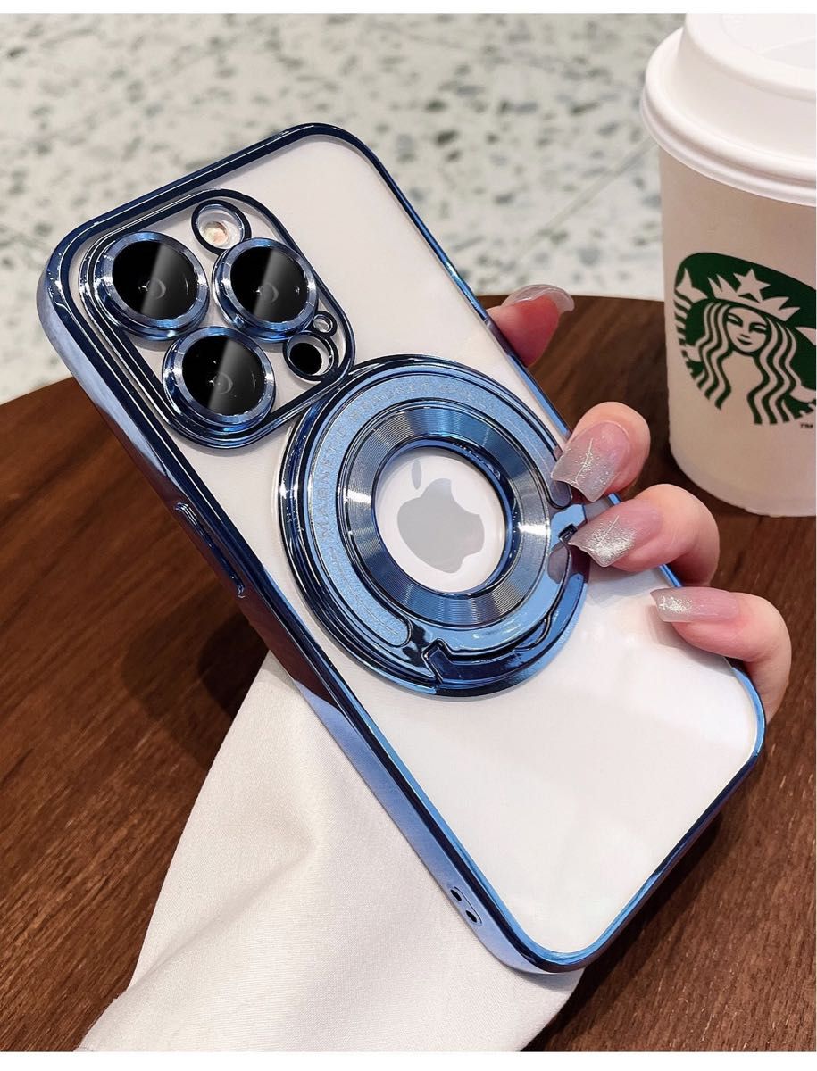 iPhone15ケース クリアケース アイフォン15promaxカバー スタンド付き メッキ加工 MagSafe充電 レンズ保護