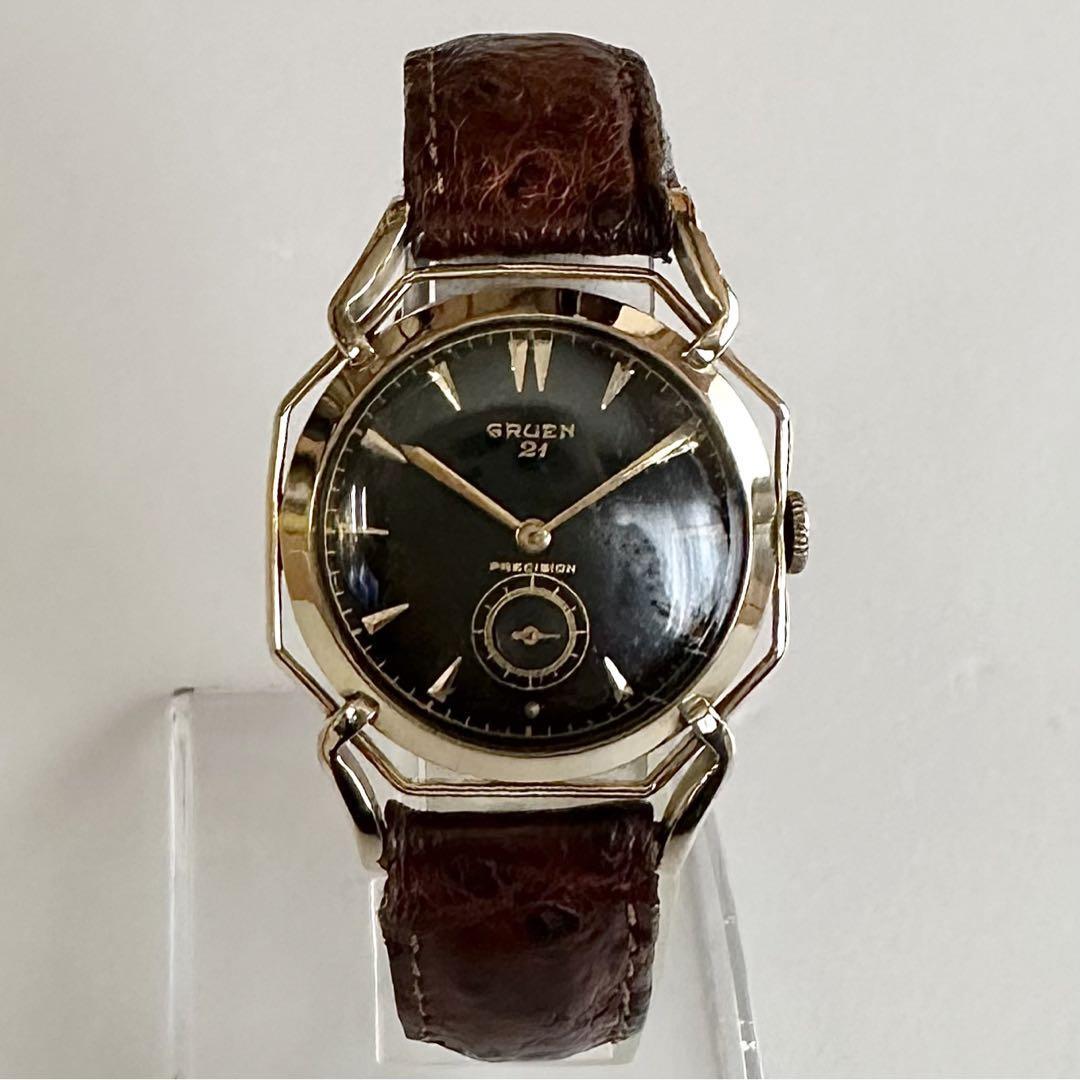 687 beautiful goods! Gruen /Cal.335/ Spider /10KGF gold trim /1950 period / wristwatch / hand winding / men's / black diamond ru/21 stone /GRUEN/ rare / antique 