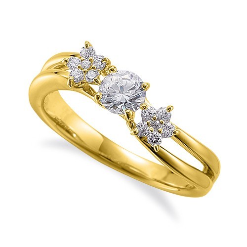 指輪 18金 イエローゴールド 天然石 メレが花モチーフのデザインリング 主石の直径約4.4mm 割り腕 四本爪留め