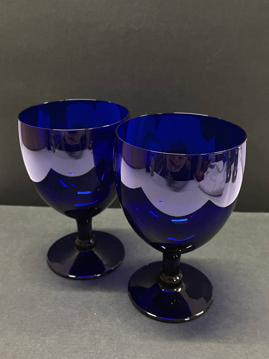 ★コレクター必見 昭和レトロ ガラス製 グラス 2客 ブルー 酒器 食器 アンティーク 飾り 置物 コレクション N461_画像1
