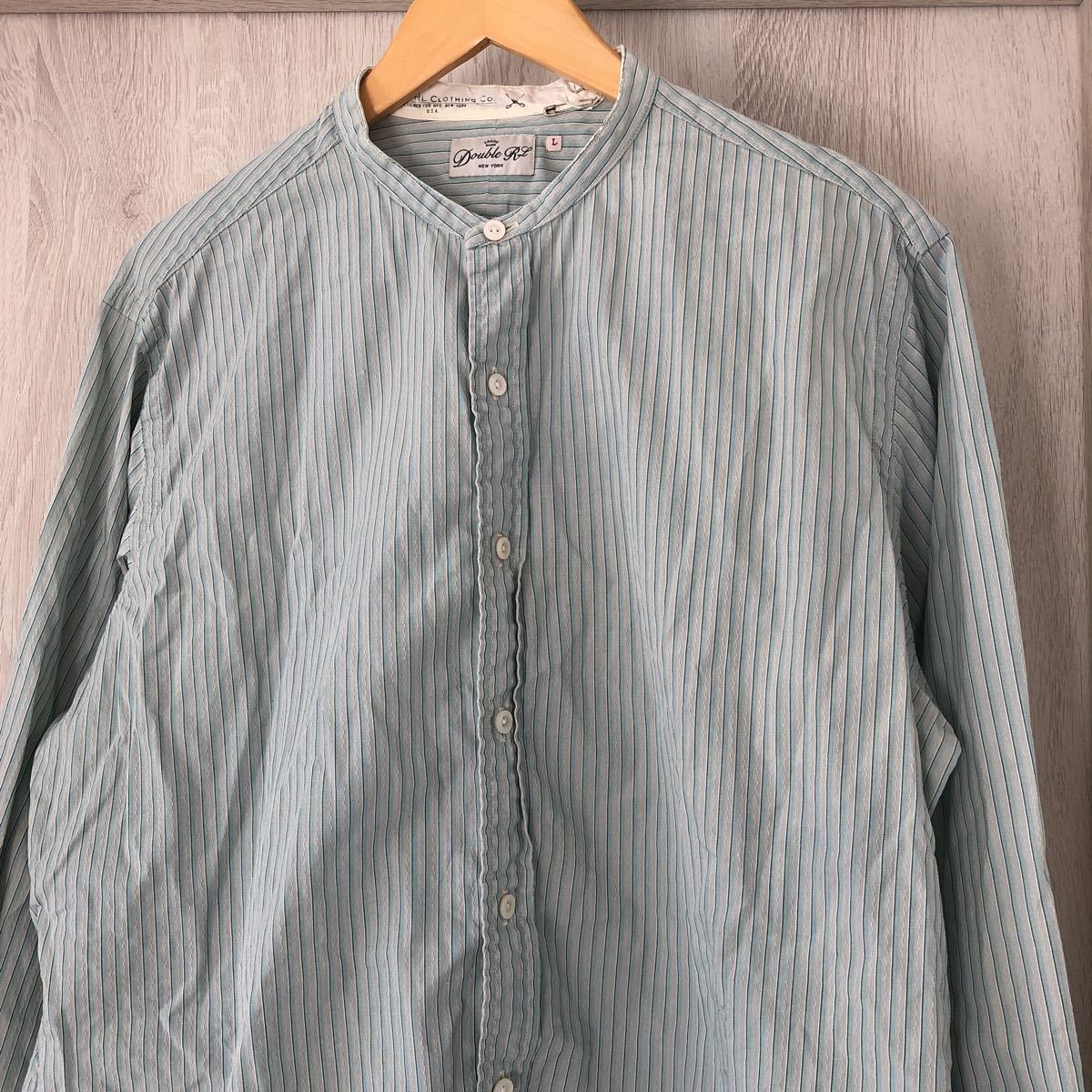 (k) RRL ラルフローレン 織り柄 ストライプ バンドカラー 長袖シャツ サイズL ブルー メンズ 水色_画像4