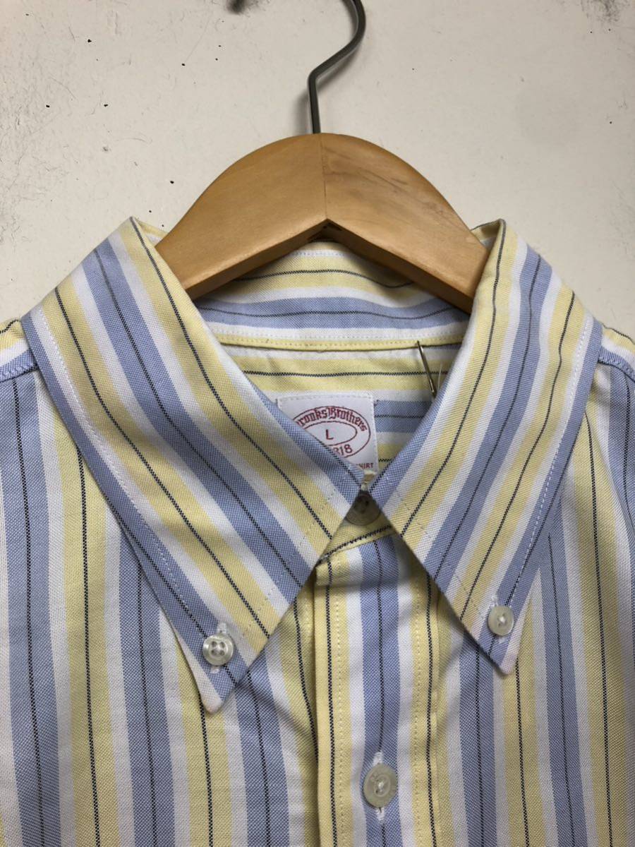 美品 Brooks Brothers ブルックスブラザーズ 胸ロゴ ストライプ柄 白黄色水色 NON IRON オックスフォード 長袖シャツ サイズL メンズ_画像5