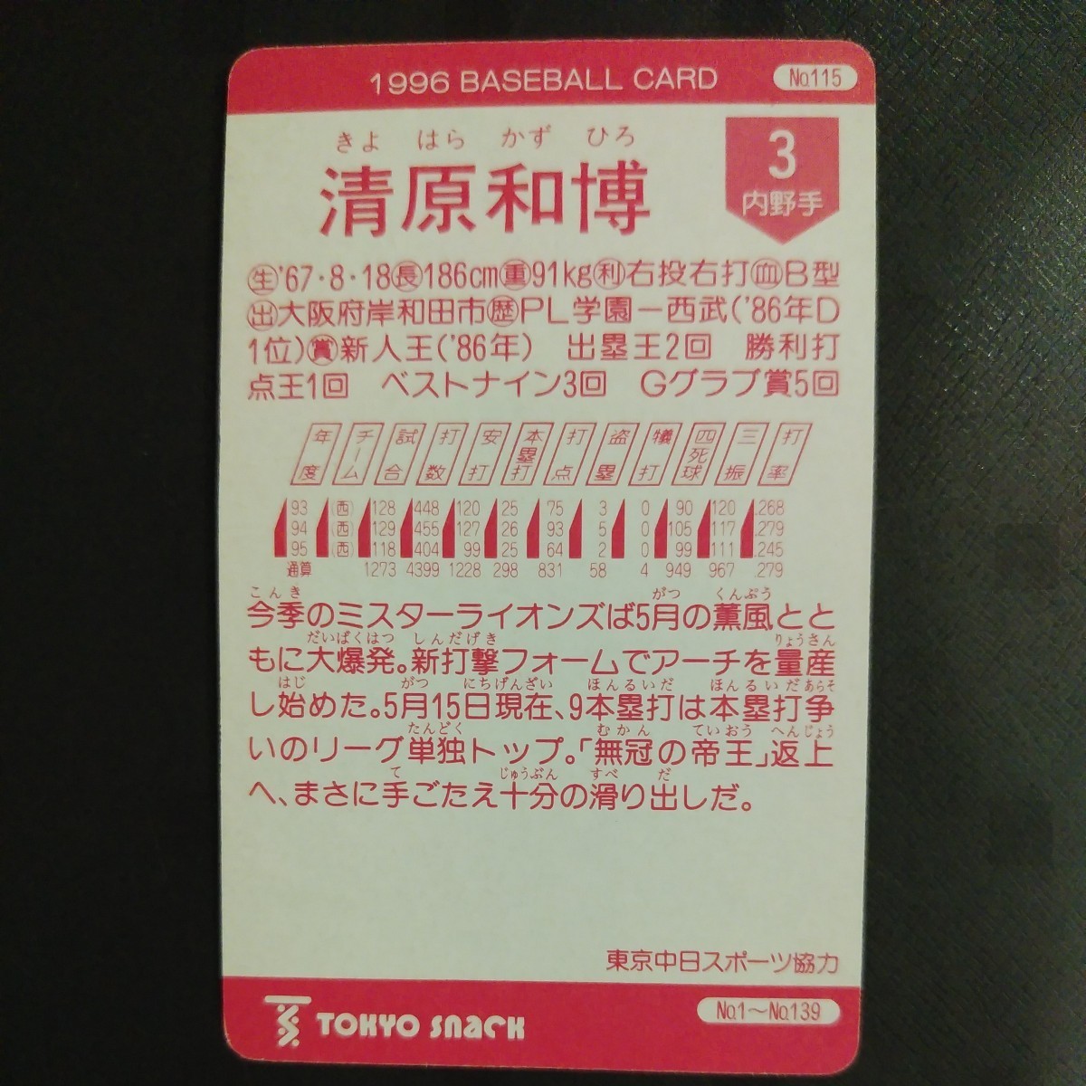 東京スナック １９９６カルビー野球カード№１１５清原和博（西武）の画像2
