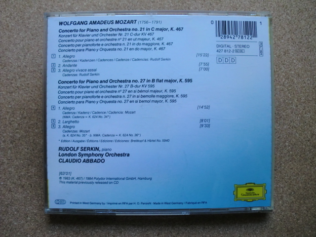＊【CD】クラウディオ・アバド指揮／モーツァルト ピアノ協奏曲 第21番、第27番（427 812-2）（輸入盤）_画像5