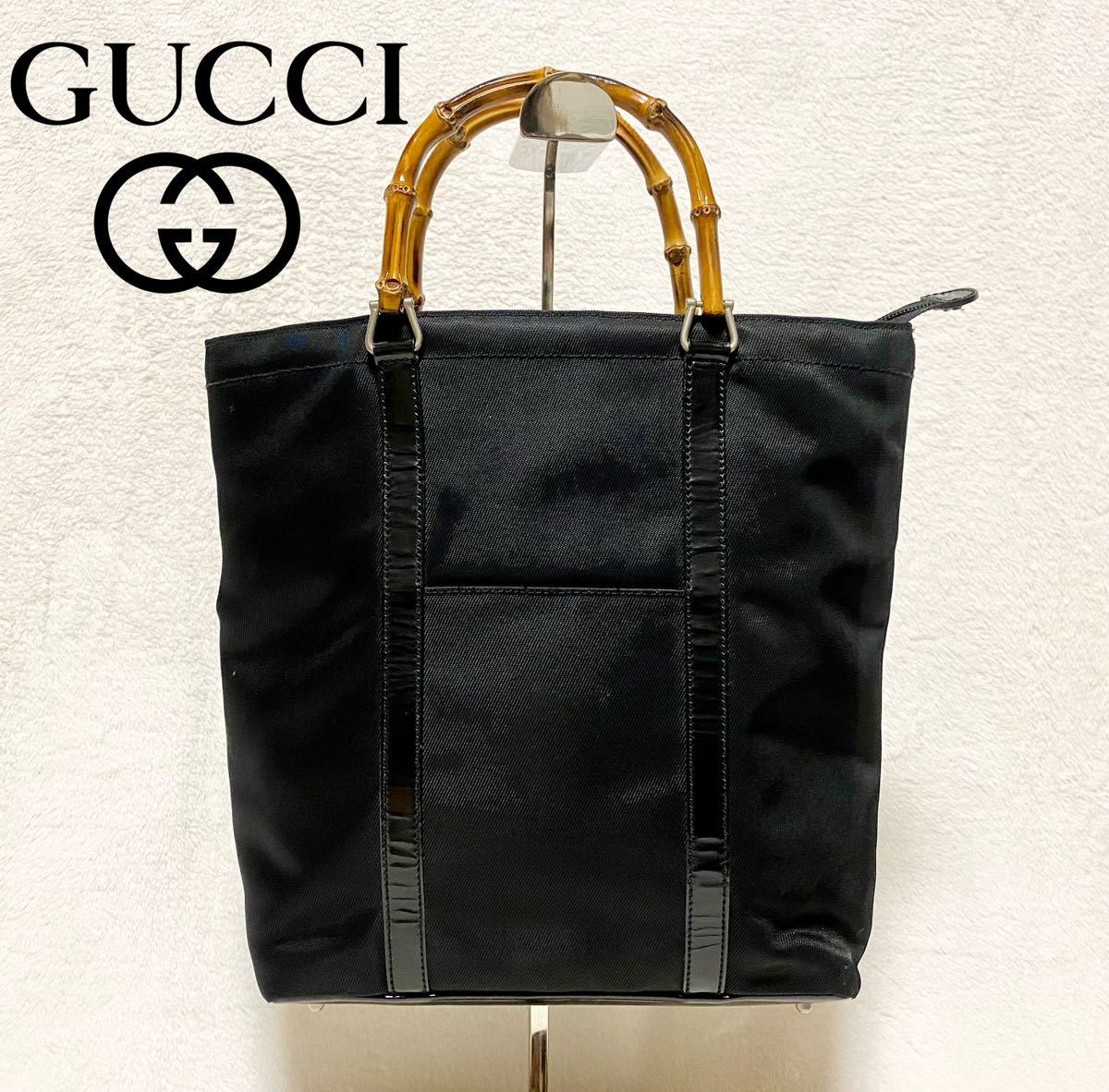 美品！GUCCI バンブーシリーズ ハンドバッグ キャンバス地 エナメルレザー 黒 ブラック_画像1