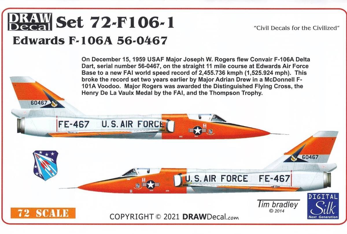 1/72 Draw Decals コンベア F-106A デルタダート エドワーズ空軍基地 速度レコード記録機用デカール 戦闘機 アメリカ空軍