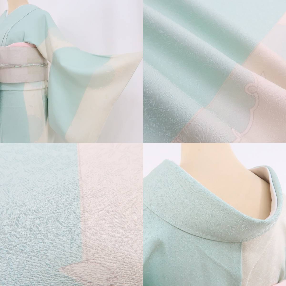 ゆめsaku2 新品 縦縞 着物 正絹 仕付け糸付“笹と鳳凰、桜や雪輪がそっと寄り添い水温む”小紋 2828