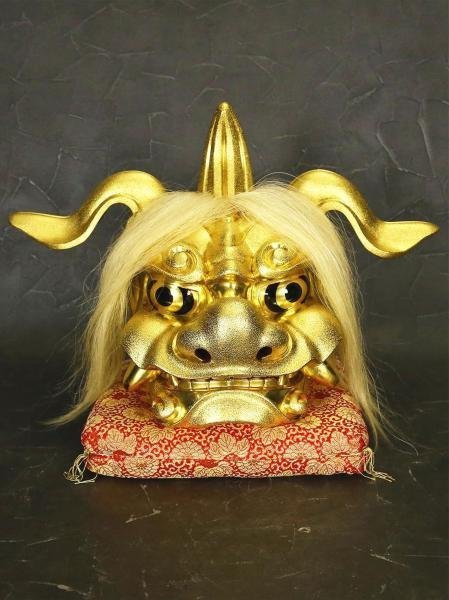 【真作】【WISH】横山一夢「木彫純金塗 獅子頭」大型作品 木彫 共箱 高さ40cm 3.42kg ◆純金塗名品 　　〇木彫巨匠 日展参与 #24016016_画像3