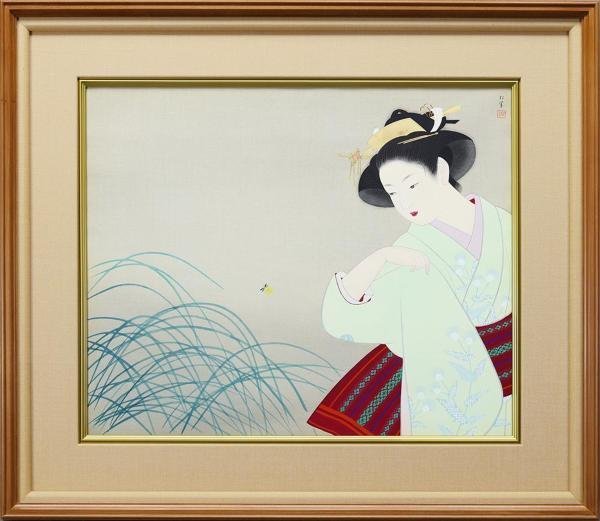 【真作】【WISH】上村松園「新螢」木版画 約10号 証明シール 　　〇美人画巨匠 文化勲章 重文に「序の舞」 #23112864_画像2