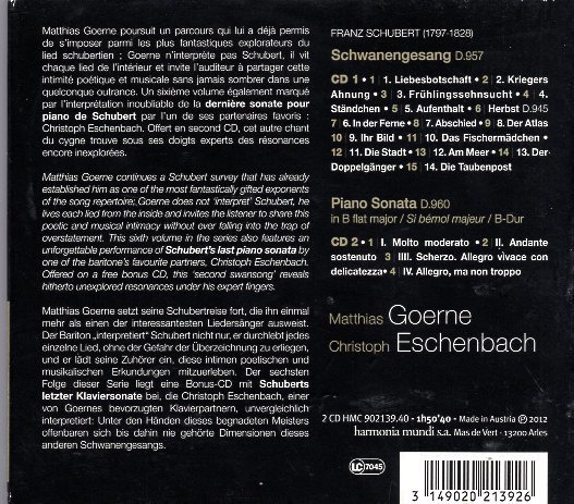 シューベルト:歌曲集 第6集～『白鳥の歌』、ピアノ・ソナタ第21番　マティアス・ゲルネ、クリストフ・エッシェンバッハ（2CD）_画像2