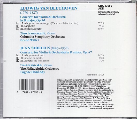 ベートーヴェン＆シベリウス：ヴァイオリン協奏曲/フランチェスカッティ、オイストラフ_画像2