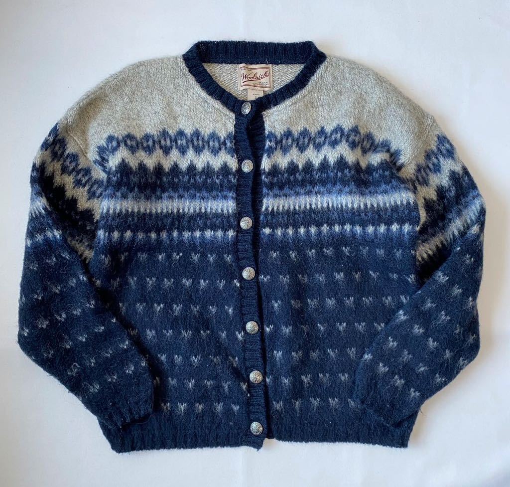 90s USA製 Woolrich ノルディック ウール ニット カーディガン S ウールリッチ アメリカ製 バーズアイ_画像1