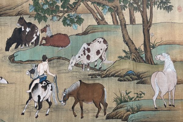 【瓏】「趙孟フ作 浴馬図長巻」元代画家 肉筆絹本 真作 掛け軸 書画立軸 巻き物 中国書画 蔵出_画像6