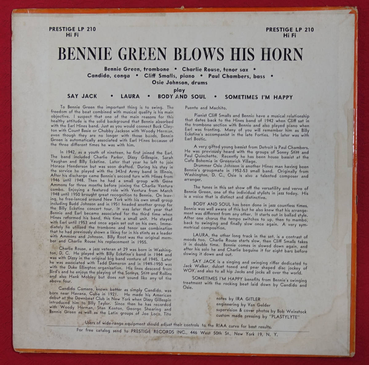 US Prestige PRLP 210 完全オリジナル Bennie Green Blows His Horn / Bennie Green Sextet NYC/DG/RVG/EAR/Flat Edge_画像2