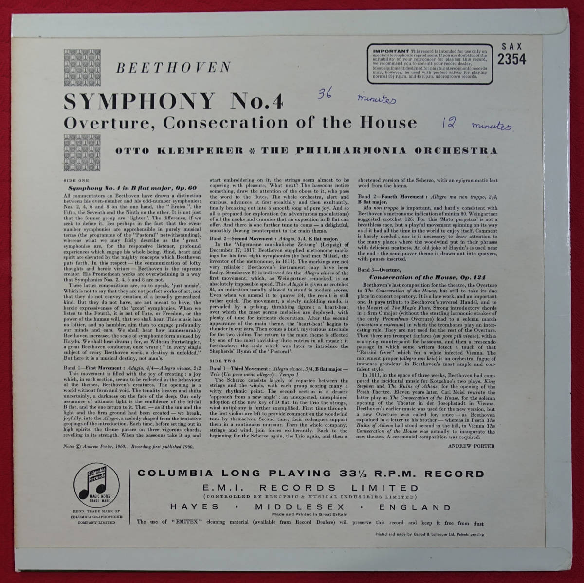 極美! 英Columbia SAX 2354 B&S ベートーヴェン交響曲第4番 クレンペラー_画像2