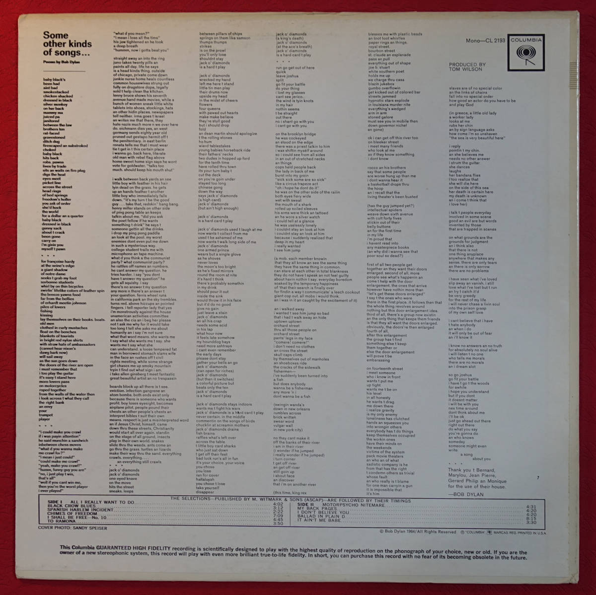 超レア! US Columbia MONO CL 2193 オリジナル 2EYES Another Side of Bob Dylan MAT: 2H/2G_画像2