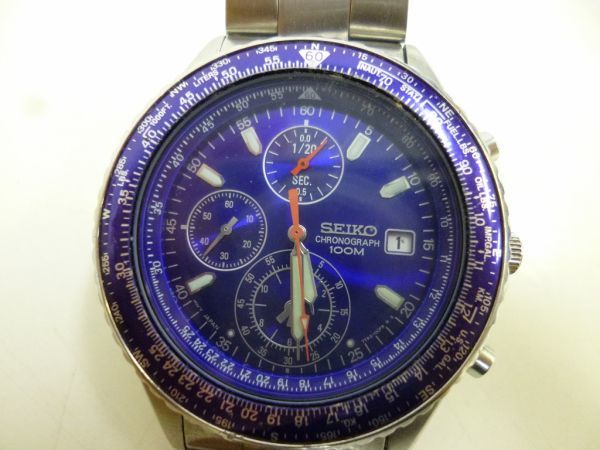 O531-N34-776◎ SEIKO セイコー 7T92-0CF0 100M防水 クロノグラフ 青文字盤 パイロット クオーツ 腕時計 メンズ 現状品①◎_画像2