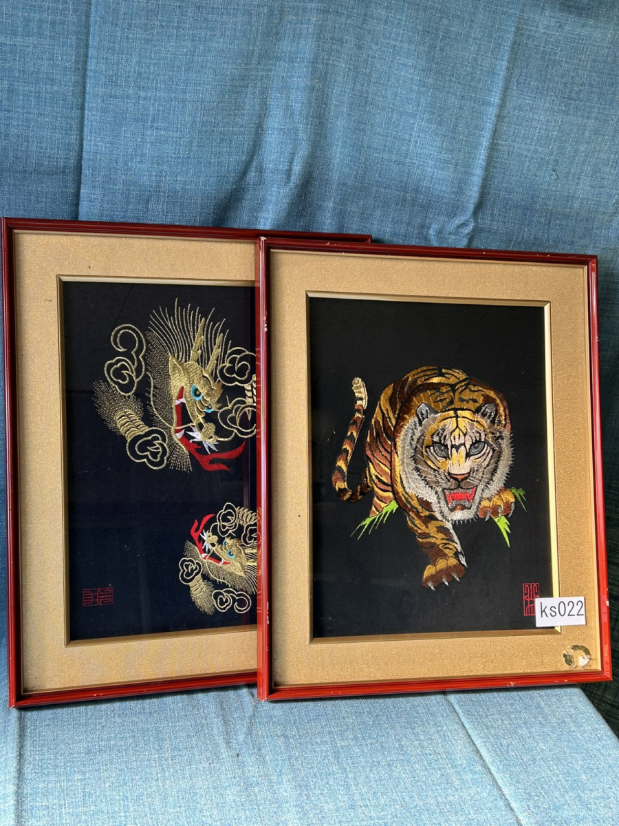 昭和レトロ 木製フレーム 虎 竹 波 刺繍画 刺繍アート 絵画 日本画