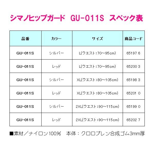 シマノ 　ヒップガード 　GU-011S 　シルバー 　L (ウエスト：70～95cm) 　α*