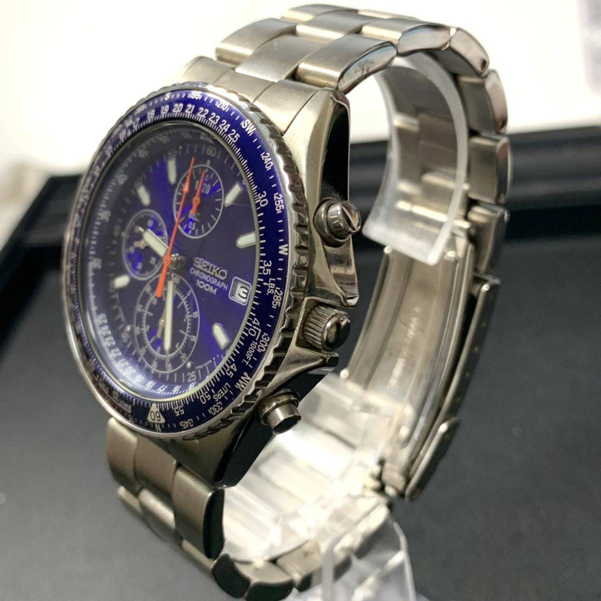 SEIKO セイコー 7T92-0CF0 クロノグラフ 100M防水 パイロット 青文字盤 クオーツ 腕時計 メンズ 現状品_画像3