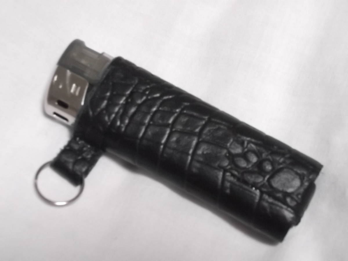 black crocodile style lighter case keychain ライターケースキーチェーン　黒　ライテック用　牛皮　即決！ 横浜発　100円ライター_クロコダイル柄