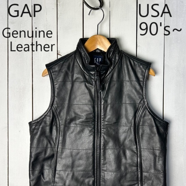 USA古着 美品 90s～ GAP 本革 中綿レザーベスト S程度 黒 オールド ギャップ ヴィンテージ アメリカ古着 牛革 秋冬 ユニセックス ●73_画像1