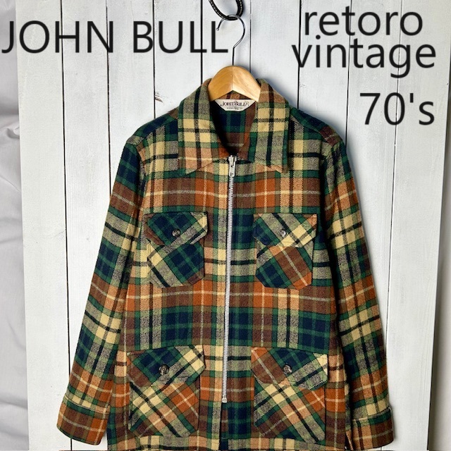 昭和レトロ古着 70s JOHNBULL チェック ジップウールジャケット S～M オールド ヴィンテージ ジョンブル レナウン シャツジャケット  ●126