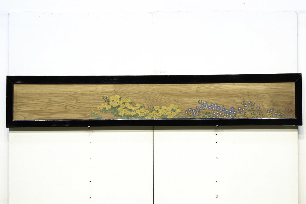 古福庵【EZ1441a　1枚　珍品！！ 鮮やかな色彩の菊の花柄模様と杢目が素敵な両面板絵欄間】和 アンティーク