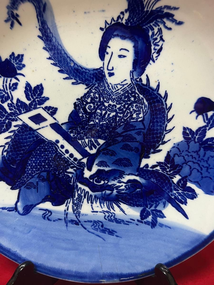 希少大真王夫人 伊万里 志田焼 明治前期　白磁藍染付浅鉢　飾り大皿　床の間飾り32cm 陶磁器 古民具 アンティーク インテリア 