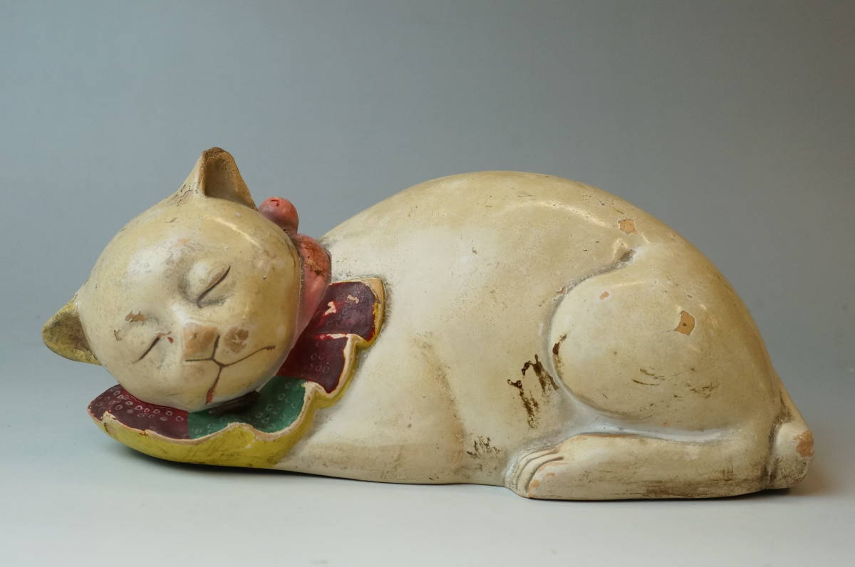 壱■珍品 眠り猫 陶人形 春画 眠猫 置物 艶人形 幅17.8cm 枕絵 隠絵 艶絵 博多人形 浮世絵 裏絵 風俗画 郷土玩具■