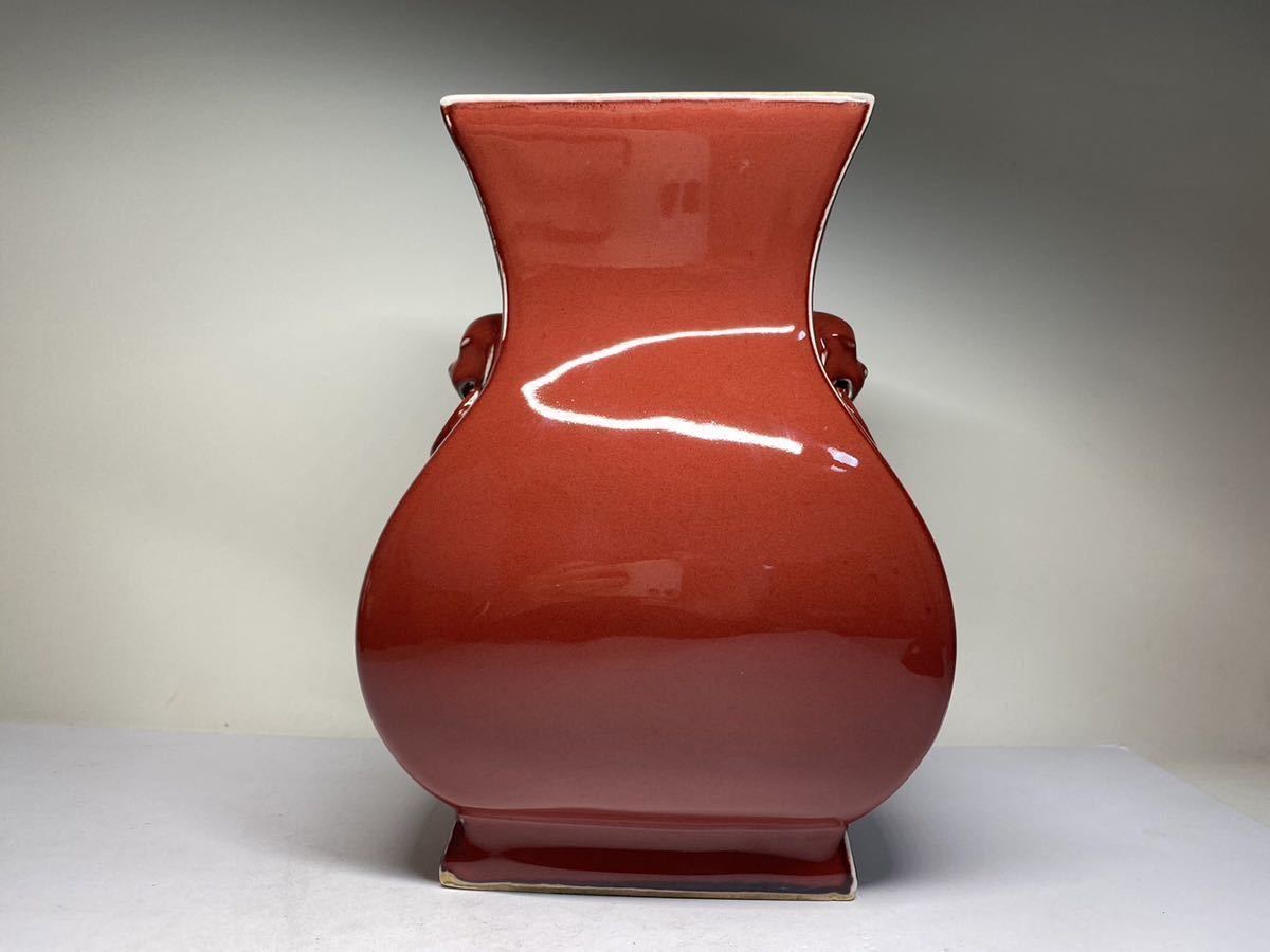 N8 京都買取品中国景徳鎮1954年紅釉四方福筒花瓶飾壷壺赤釉（検索:古玩