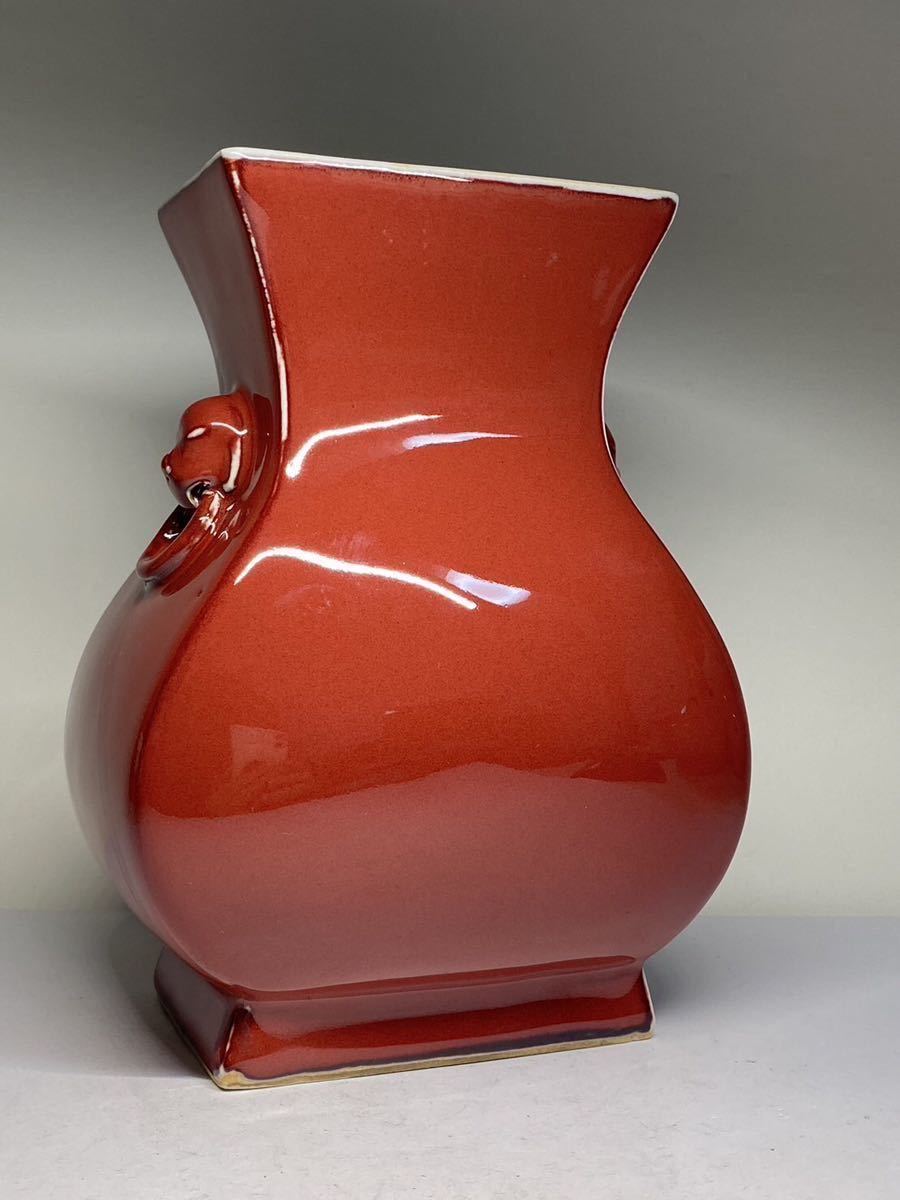 N8 京都買取品中国景徳鎮1954年紅釉四方福筒花瓶飾壷壺赤釉（検索:古玩