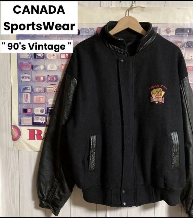 90s カナダ製CANADA SportsWear袖レザースタジャンバーシティジャケットカナダスポーツウエア アワードウェアOHL Brampton Battalionモデル