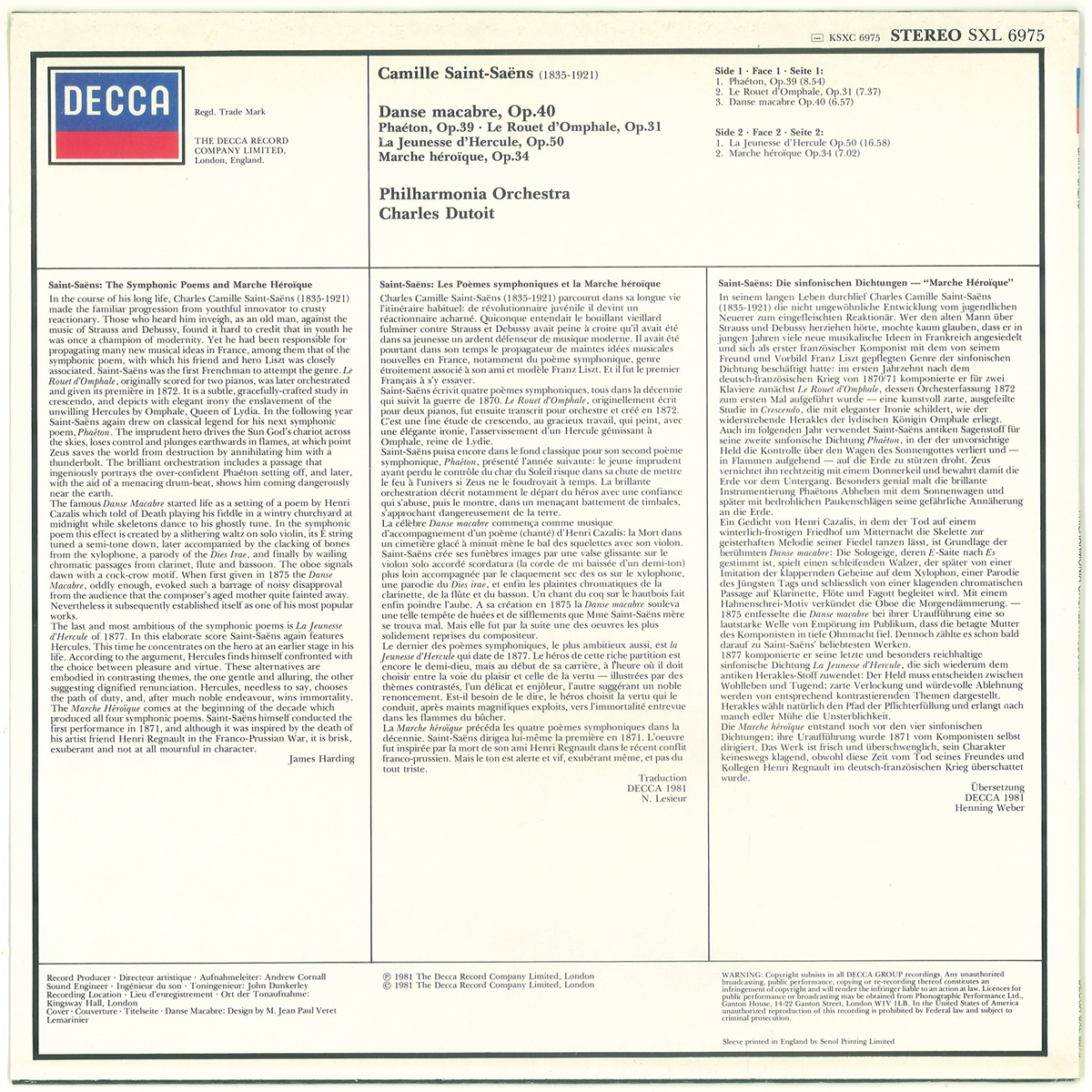 英Decca SXL6975 サン＝サーンス「死の舞踏」 デュトワ フィルハーモニア管の画像2