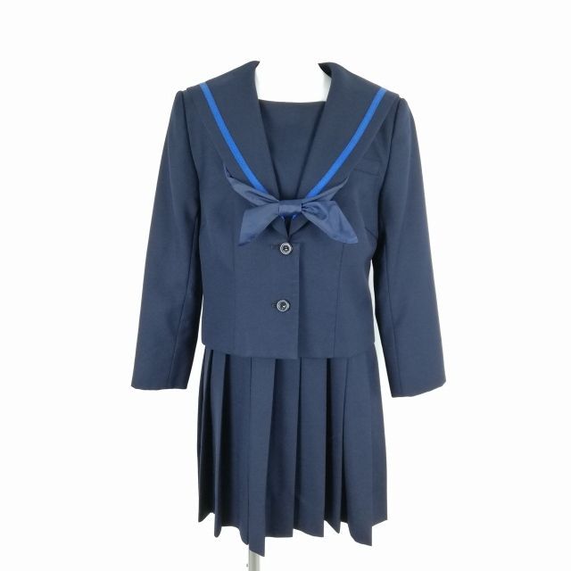 1円 セーラー服 ジャンスカミニ スカーフ 上下3点セット 指定 冬物 青1本線 女子 学生服 神奈川鶴巻中学 紺 制服 中古 ランクB EY0320_画像1