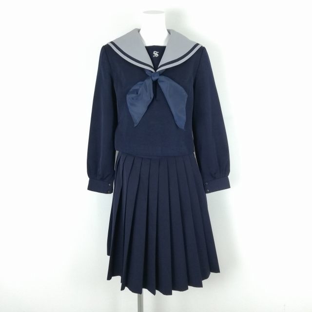 1円 セーラー服 スカート スカーフ 上下3点セット オリーブデオリーブ 冬物 青1本線 女子 学生服 中学 高校 紺 制服 中古 ランクC EY0560_画像1