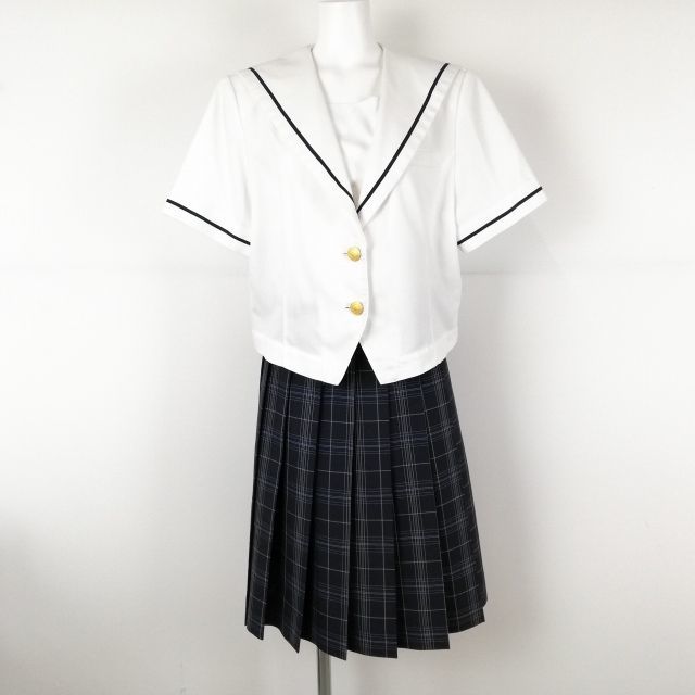 1円 セーラー服 チェックスカート 上下2点セット 大きいサイズ 夏物 青1本線 女子 学生服 岡山芳泉高校 白 制服 中古 ランクC EY0788_画像1