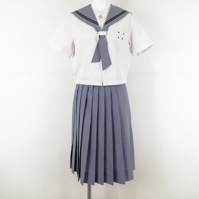 1円 セーラー服 スカート ネクタイ 上下3点セット 指定 夏物 青2本線 女子 学生服 長崎桜が原中学 白 制服 中古 ランクC EY1779_画像1