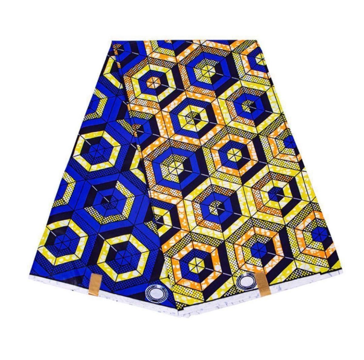 アフリカ布 アフリカンプリント生地 ターバン 生地 手芸 ハンドメイド エスニック 輸入品 衣装 青 黄色 六角形