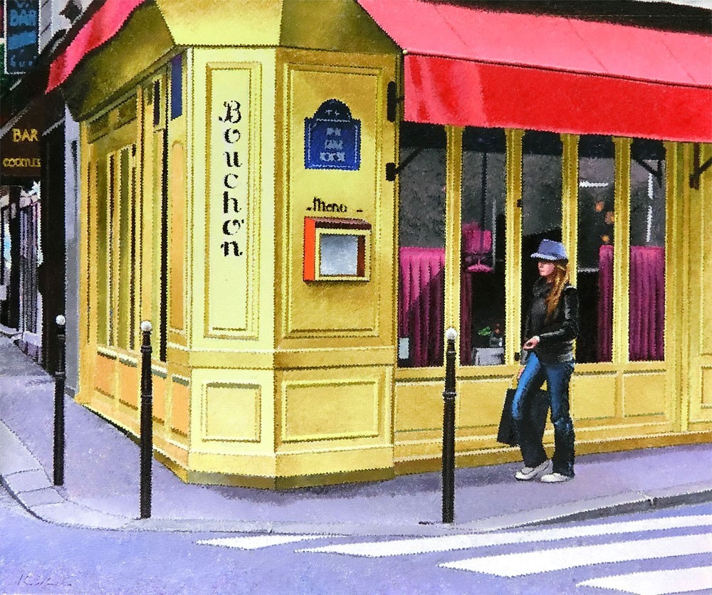日下部和俊『街角のレストラン』油彩原画 本人 ペン サイン