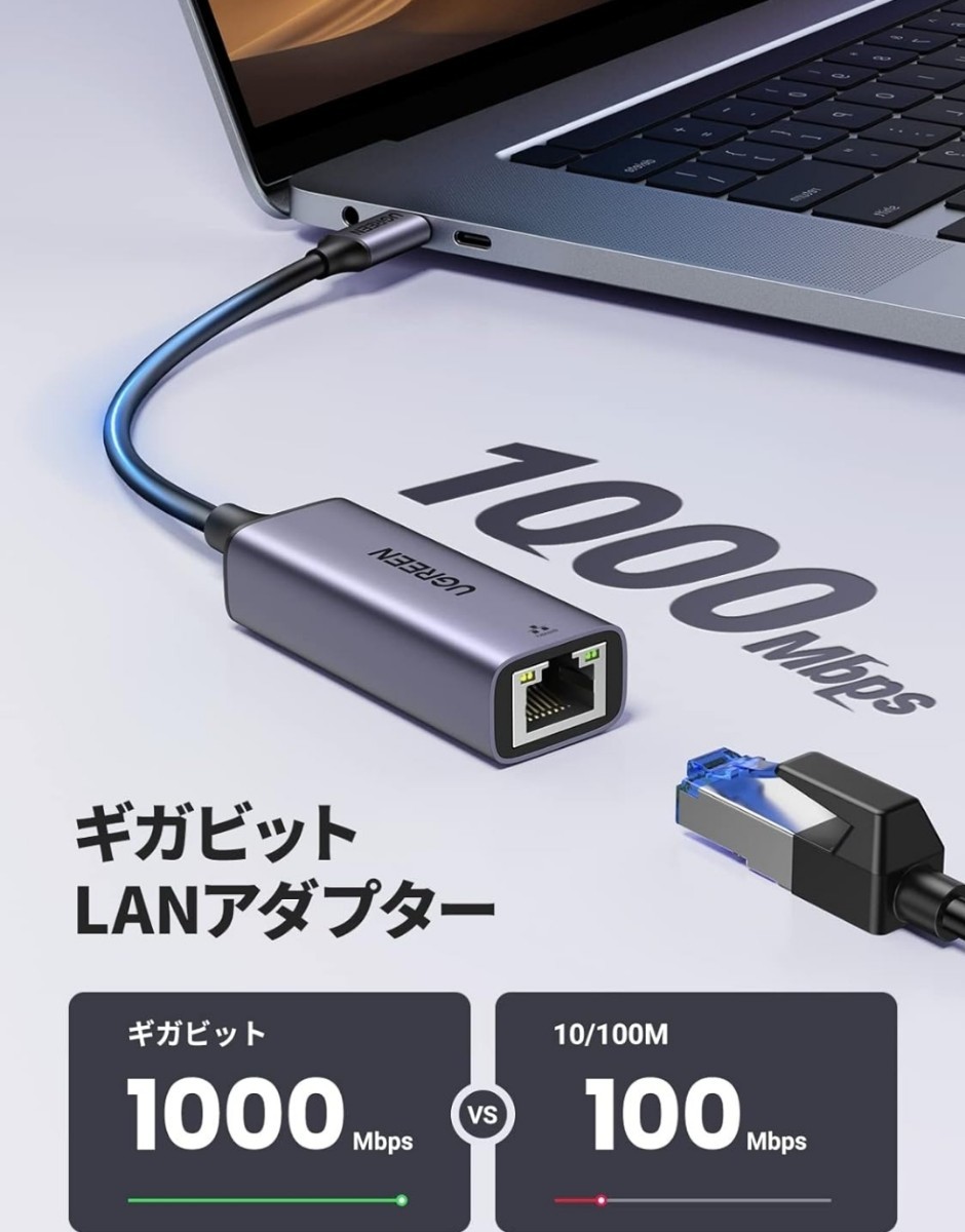 UGREEN USB-C LAN 有線LANアダプター Type-C LAN OTG機能対応 1000Mbps高速 USB-C to RJ45 ギガビットイーサネット Thunderbolt 3搭載 