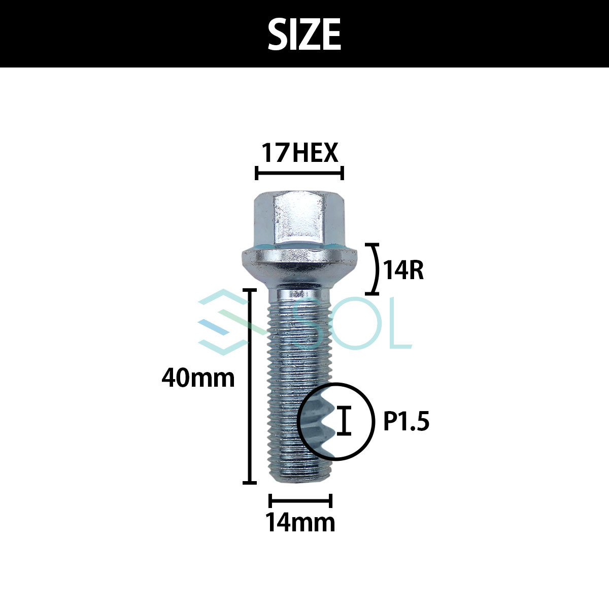 送料185円 ベンツ X253 C253 X204 W176 W169 W246 W245 X156 M14 P1.5 14R 球面 ホイールボルト 首下40mm 17HEX ユニクロメッキ 1本_画像4