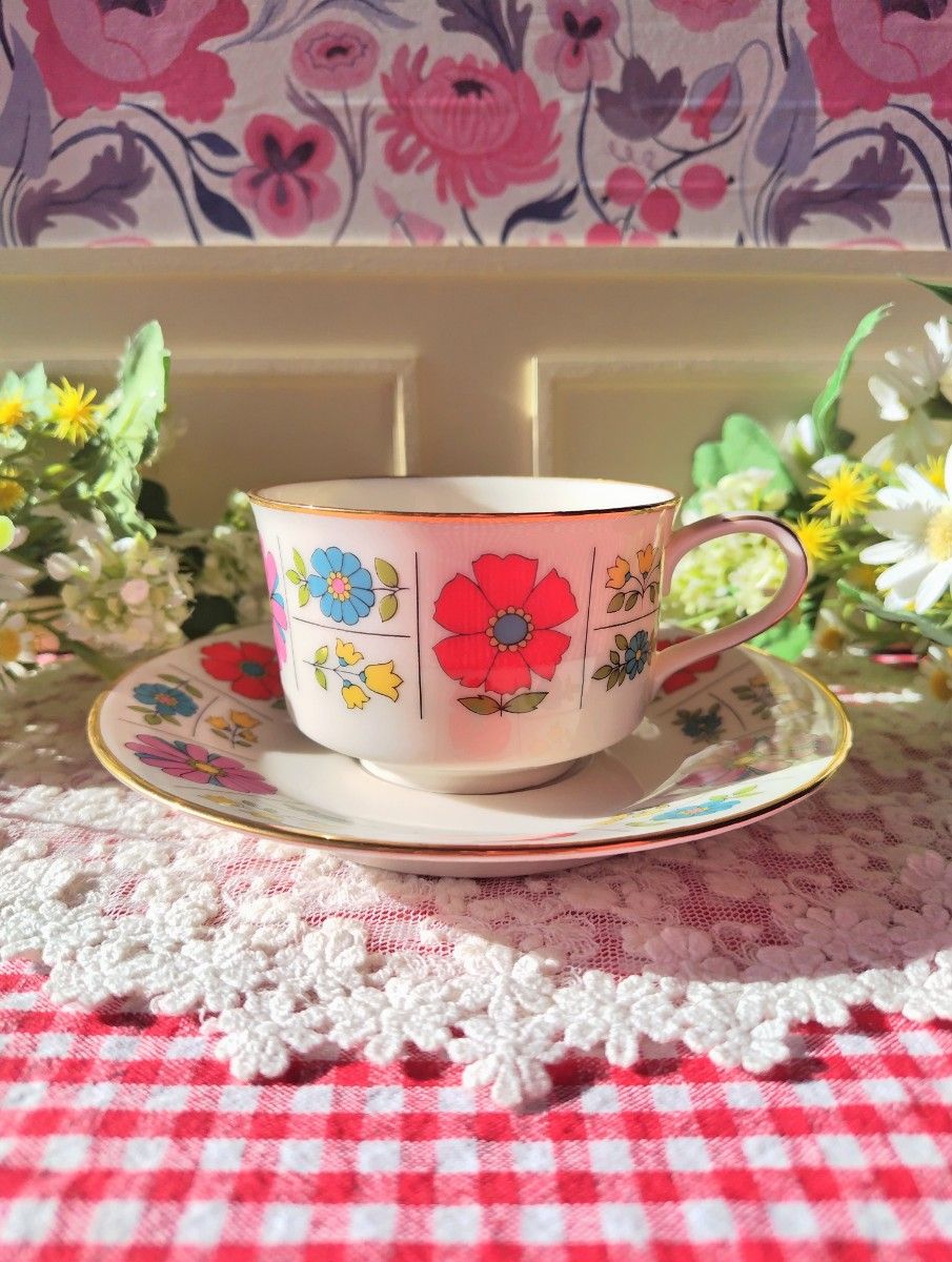 未使用☆Noritake ノリタケ アイボリーチャイナ レトロ ポップ 花模様 カップ&ソーサー 1客セット ビンテージ 