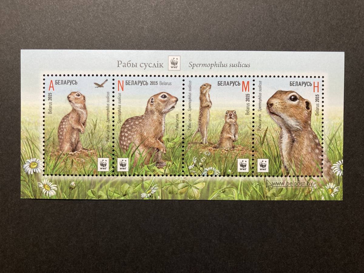 外国切手（未使用）ベラルーシ 2015年発行 WWF／動物（ホシハタリス）4種小型シート - 生き物 哺乳類 ジリス_画像1