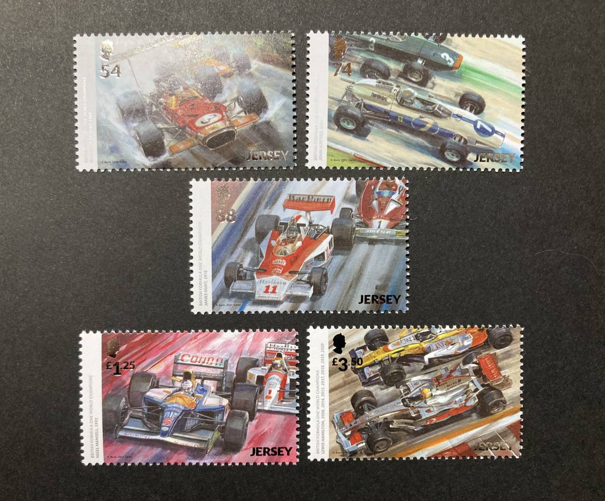 外国切手（未使用）ジャージー 2021年発行 F1グランプリ 75周年／イギリスのワールドチャンピオン 2次 単片5種完 - レーシングカー 箔押し_画像1