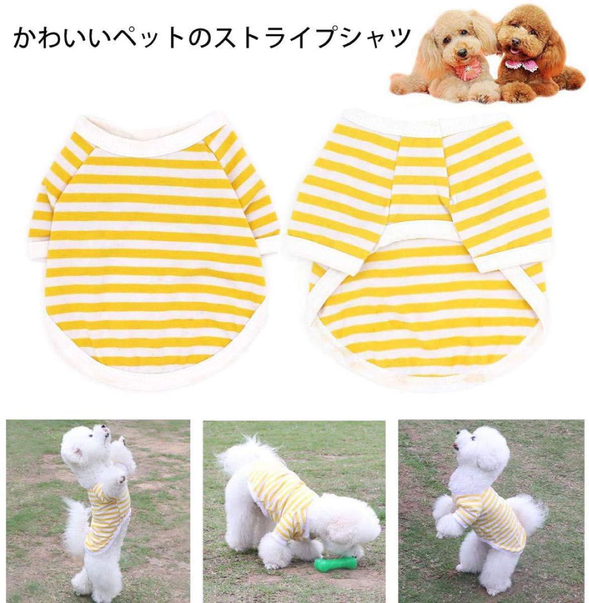 犬と猫用ボーダーイエロー半袖Tシャツ★Lサイズ★ペット服小型犬