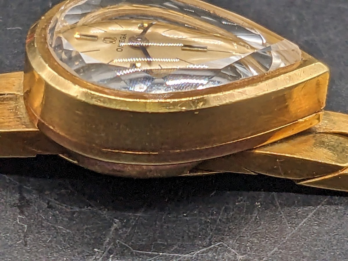 【希少・レア】 K18 オメガ カットガラス 腕時計 手巻き OMEGA 750 ティアドロップ 涙型 稼働OK アンティーク 総重量約29.4g_画像4