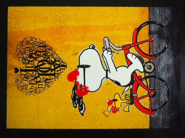 A4 額付き ポスター スヌーピー 自転車 ウッドストック ビッグ リボン LOVE アート _画像1
