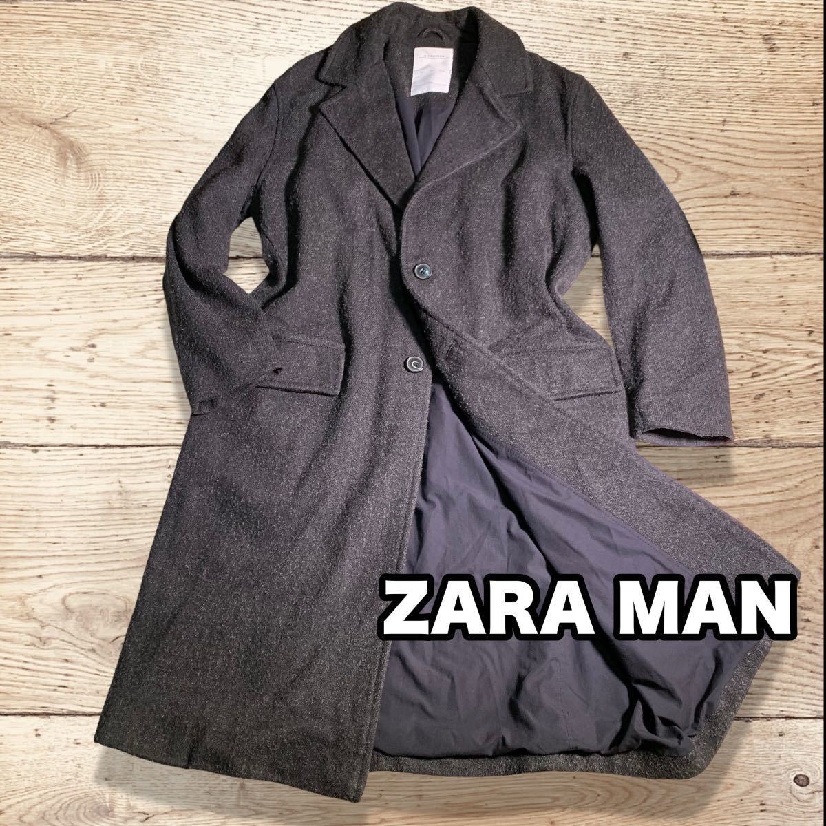 ZARA MAN ロング丈 チェスターコート メルトンウール ネップ素材 Lサイズ 厚手