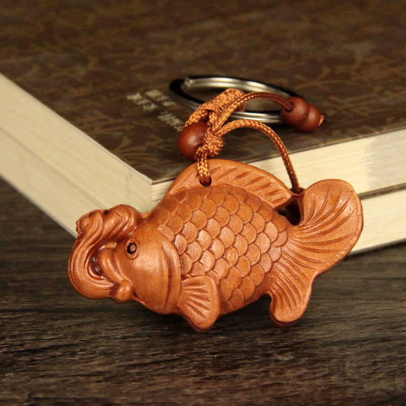 [ peach. tree animal netsuke ] * fish ①* natural / natural tree made / handmade / hand made / skill sculpture / key holder / strap / present / better fortune feng shui . except .